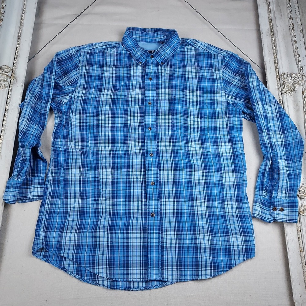 IZOD Mens XL Blue Plaid Button Down Shirt Long Sleeve Cotton CasualClassic IZOD